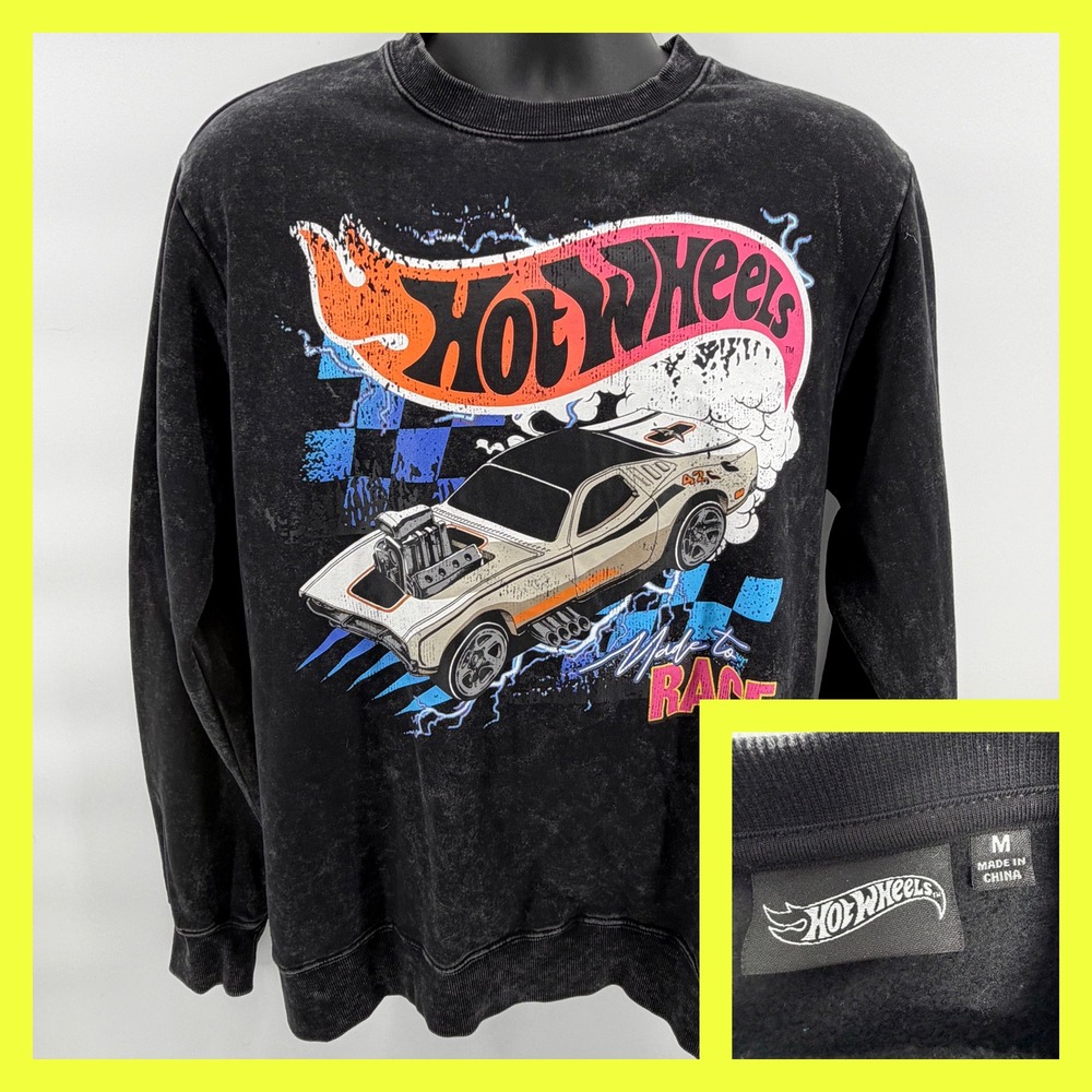 Hot Wheels Sweatshirt Mens M Black Acid Wash Graphic Made‎ to Race Pullover